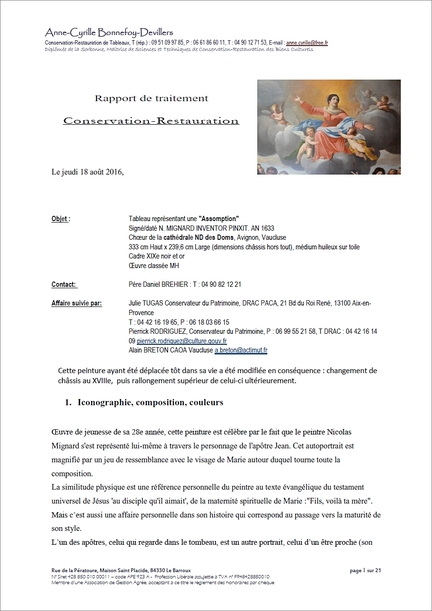 L'Assomption, Nicolas Mignard, Notre-Dame des Doms d'Avignon, Rapport de traitement conservation-restauration d'Anne-Cyrille Bonnefoy-Devilers, restauratrice, 2016