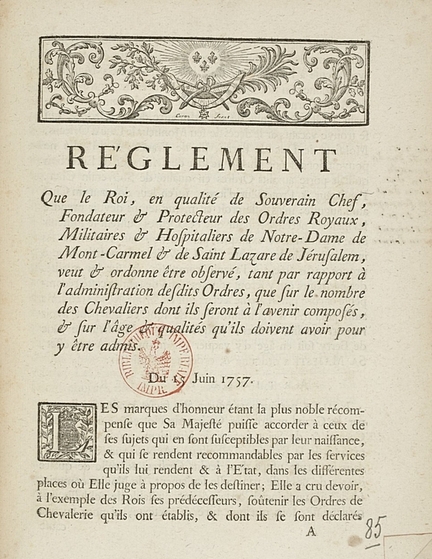 Rglement des Ordres de Notre-Dame de Mont-Carmel & Saint Lazare de Jrusalem, 15 juin 1757