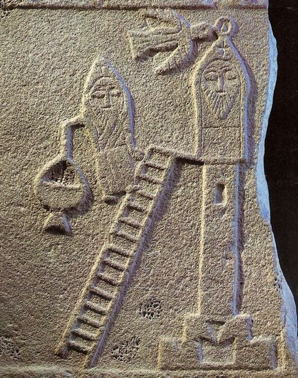 Bas-relief du Ve ou VIe s. le saint reoit la visite d'un homme qui tient probablement un encensoir