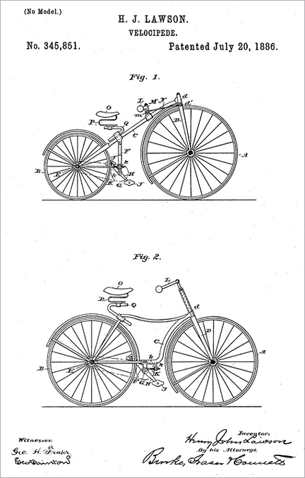 Vélocipède Henry John Lawson - Patended July 20, 1886 n° 345,851