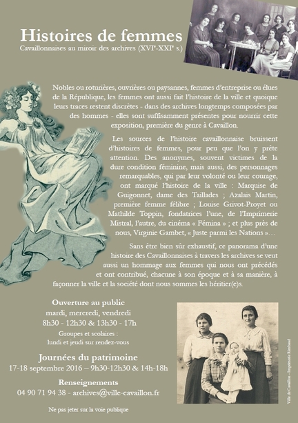 Histoires de femmes - Exposition des Archives de la ville de Cavaillon, du 16.09 au 23.12.2016