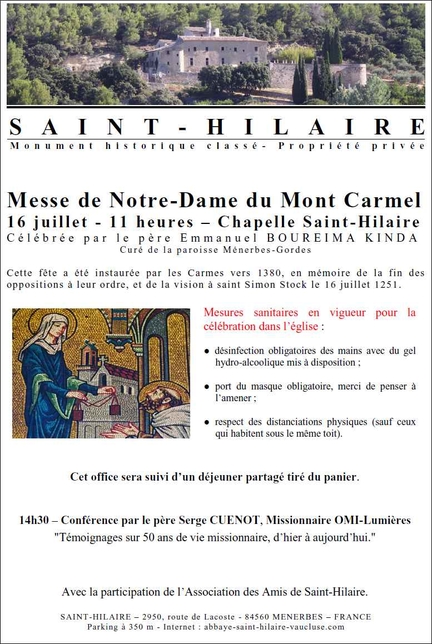 2020/07/16 - Abbaye Saint-Hilaire - Fête de Notre Dame du Mont Carmel - Messe célébrée par le père Emmanuel Boureima Kinda, curé de la Paroisse Ménerbes-Gordes