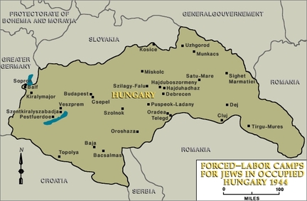 Carte des camps de travail forcé pour les Juifs dans la Hongrie occupée par l'Allemagne nazie durant la Seconde Guerre mondiale