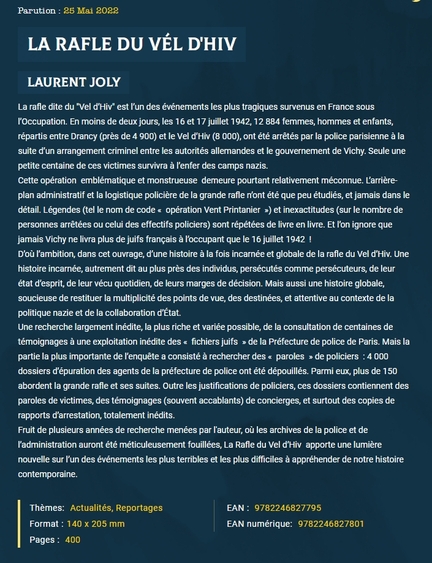 La rafle du Vél' d’Hiv - Laurent JOLY, éditions Grasset