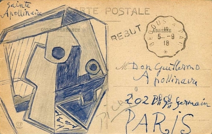 Carte postale d'une vue aérienne du centre-ville de Pau, adressée par Pablo Picasso à son ami Guillaume Apollinaire