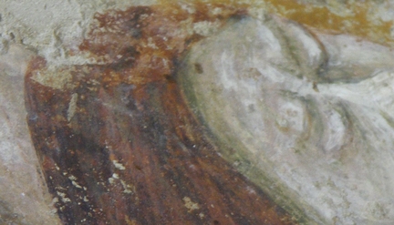 Abbaye Saint-Hilaire, Ménerbes, Vaucluse - Chapelle annexe du XIVe siècle, peinture murale du retable du XVe siècle, pigments bruns employés dans la Crucifixion