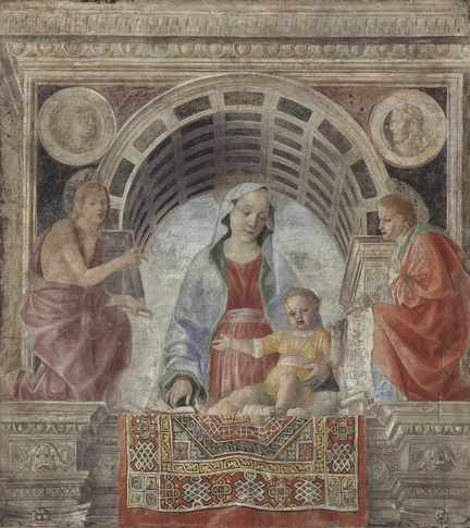 Vierge à l'Enfant avec saint Jean Baptiste et saint Jean l'Évangeliste dite La Madone au tapis (1485), fresque transférée sur toile, 170 x 190 cm, Pinacothèque de Brera, Milan - Italie (Restauration en 1992-1993 par Pinin Brambilla Barcilon)