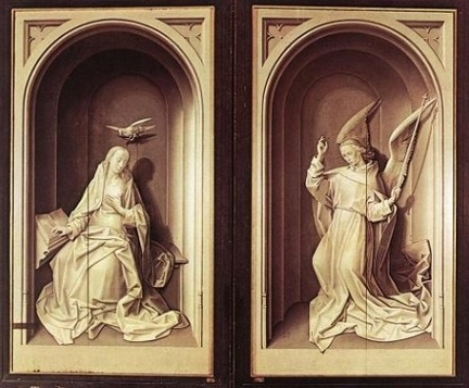 Vierge de l'Annonciation et L'archange Gabriel au revers des volets du triptyque Portinari (1475-1478), huile sur panneau bois (grisaille), 253 x 141 cm, Galerie des Offices, Florence - Italie