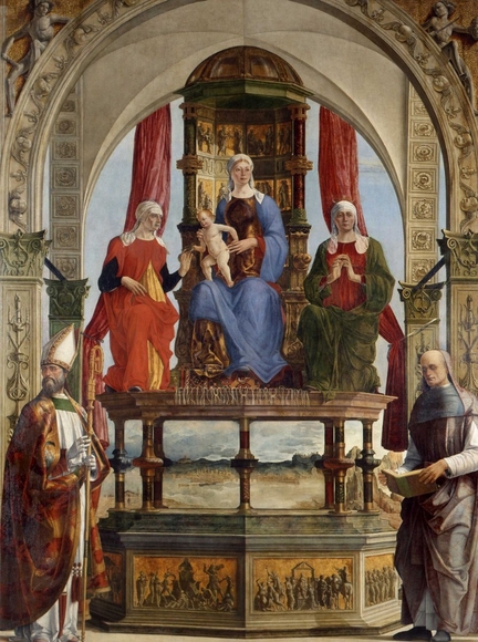 La Vierge et l’Enfant entourés de saints et du bienheureux Pietro degli Onesti (Pala Portuense ou Retable de Ravenne),vers 1479-1481, huile sur panneau bois, 323 x 240 cm, pinacothèque de Brera, Milan - Italie