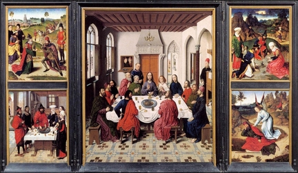 La Cène, triptyque du Saint Sacrement (1464-1468), peinture sur panneau bois, 182 x 152 cm (panneau central), 88,5 x 71,5 cm (panneaux latéraux), église Saint-Pierre, Louvain - Belgique