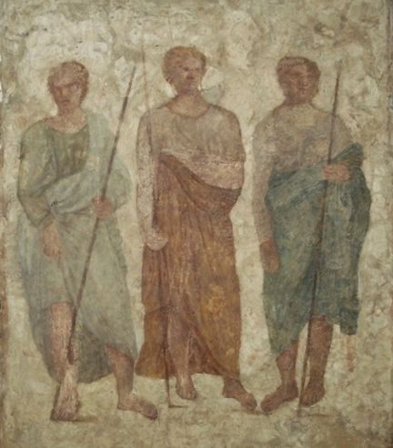 Trois hommes armés de lances - Fragment d’enduit peint, 91,5 cm x 74,4 cm - Louvre