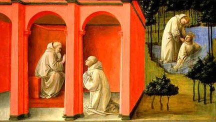 Fra Filippo Lippi - Saint Benedict Orders Saint Maurus to the Rescue of Saint Placidius, Tempera on panel; 41,9 cm x 71.5 cm (whole panel), 40 cm x 69,5 cm (painted surface) - National Gallery of Art à Washington.