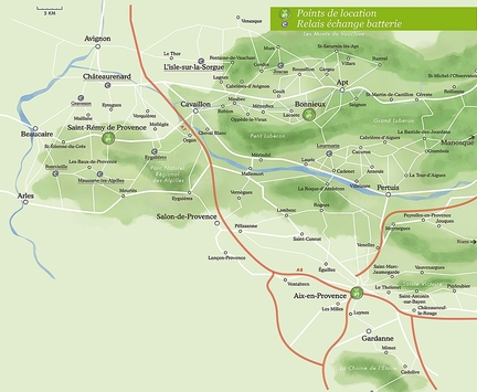 Sun-e-bike en Luberon - Carte interactive des points relais Echange batterie