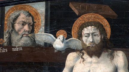 Querelle du Filioque : le Saint-Esprit procédant du Père et du Fils, détail du retable de Boulbon, XVe siècle, musée du Louvre