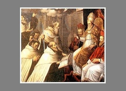 Frères Carmes présentant la règle de Vie au pape Innocent IV