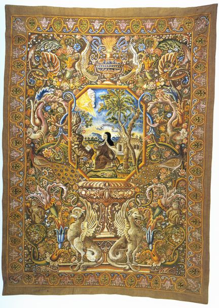 Sainte Thérèse d'Avila inspirée par le Saint Esprit - Broderie de soies, 3,55 m x 2,50 m - XVIIe s. - Carmel thérésien d'Avignon