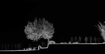 Lasergrammétrie de l'abbaye Saint-Hilaire par la société Art Graphique & Patrimoine (AGP), à gauche la cour du chevet et à droite la terrasse supérieure - 2016