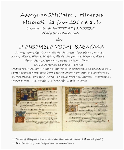 Répétition publique de l'Ensemble vocal Babayaga à l'abbaye Saint-Hilaire, le 21 juin 2017