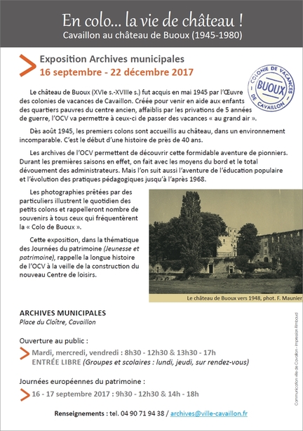 Cavaillon, exposition Archives municipales : En colo... la vie de château ! Cavaillon au château de Buoux (1945-1980) - 16.09 au 22.12.2017