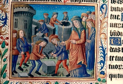 Construction d'une ville - Miniature au début du Psaume 126 (127), Bréviaire à l'usage de Besançon, avant 1498, Besançon, BM, 0069
