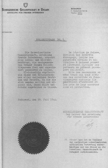 Passeport collectif (Kollektiv-Pass) délivré le 29 juillet 1944 par l'ambassade de Suisse à Budapest, dirigée par Karl Lutz