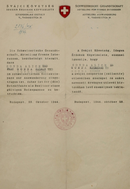Lettre diplomatique dite de protection délivrée le 23 octobre 1944 par l'ambassade de Suisse à Budapest, dirigée par Karl Lutz