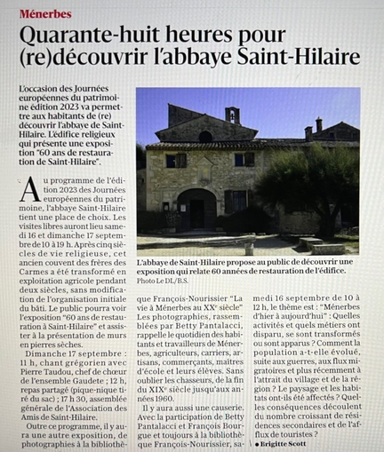 Samedi 17 septembre 2023, Vaucluse Matin, article de Brigitte SCOTT sur l'abbaye Saint-Hilaire