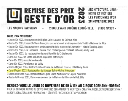 28/11/2023 Le Geste d'Or : Prix Patrimoine : remise du Care d'Argent 2023 à l'abbaye Saint-Hilaire