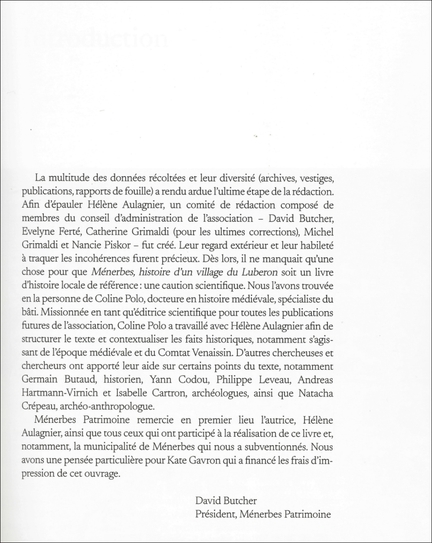 2026.01.31 Sortie du livre: M�nerbes Histoire d'un village du Luberon - Pr�face David Butcher, Pr�sident, M�nerbes Patrimoine