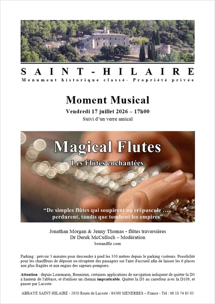 2026/07/17 - Abbaye Saint-Hilaire - Moment Musical: Magical Flutes - Jonathan Morgan & Jenny Thomas, fl�tes traversi�res, Dr Derek McCulloch Mod�ration