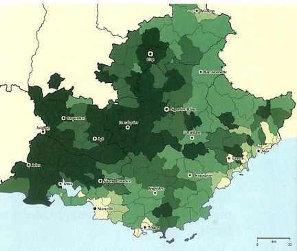 Par de la surface agricole utile dans la superficie des cantons de la région Provence-Alpes-Côte d'Azur (année 2000)