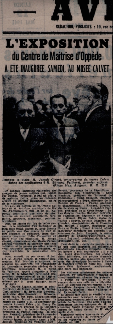Exposition du Centre de Maîtrise d’Oppède au musée Calvet, Avignon, 17 mai 1941