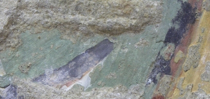 Abbaye Saint-Hilaire, Ménerbes, Vaucluse - Chapelle annexe du XIVe siècle, peinture murale du retable du XVe siècle, pigments verts employés dans la Crucifixion