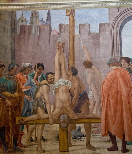 Crucifixion de saint Pierre (1480-1485), fresque, mur droit, chapelle Brancacci, église Santa Maria del Carmine, Florence Italie