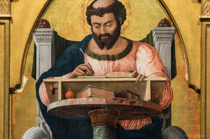 Détail du polyptyque de saint Luc (1453-1454), tempera sur panneau bois, 177 x 230 cm, pinacothèque de Brera, Milan - Italie