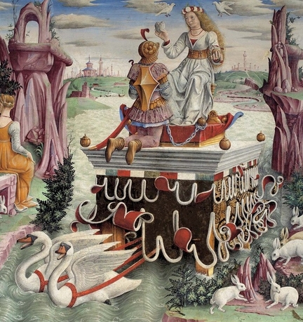 Mois d'avril, Le char d'Aphrodite (vers 1469-1470), fresque, salon des Mesi di Schifanoia, Palazzo Schifanoia, Ferrare - Italie