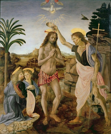 Le Baptême du Christ, tableau commencé par Andrea del Verrocchio et achevé par Léonard de Vinci (entre 1472 et 1475), huile et détrempe sur panneau bois, 177 x 151 cm, Galerie des Offices, Florence - Italie