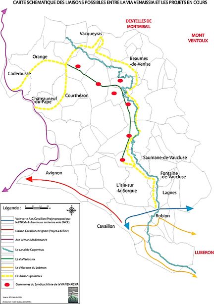 Carte schématique des liaisons possibles de type Voie Verte entre la Via Venaissia et les projets en cours
